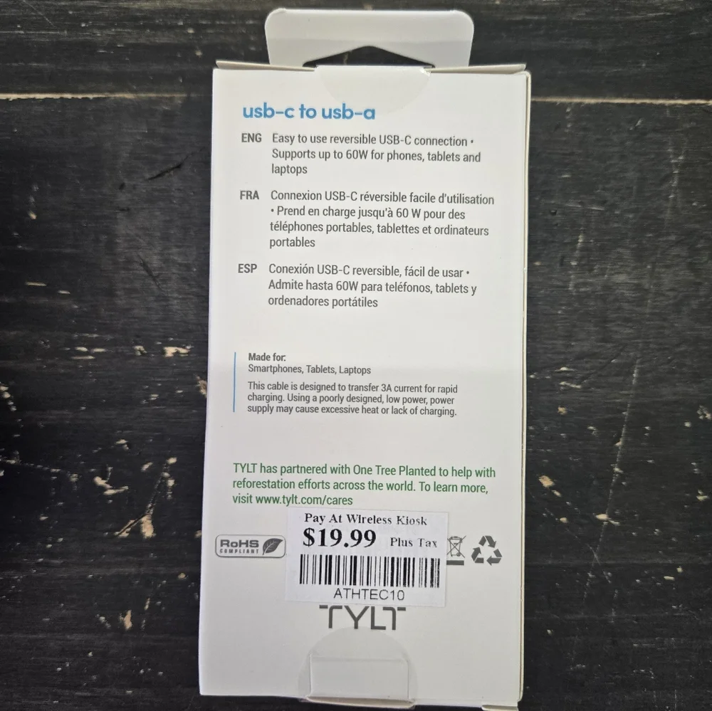 Tylt USB-C to USB-A Fast Charge Cable Black